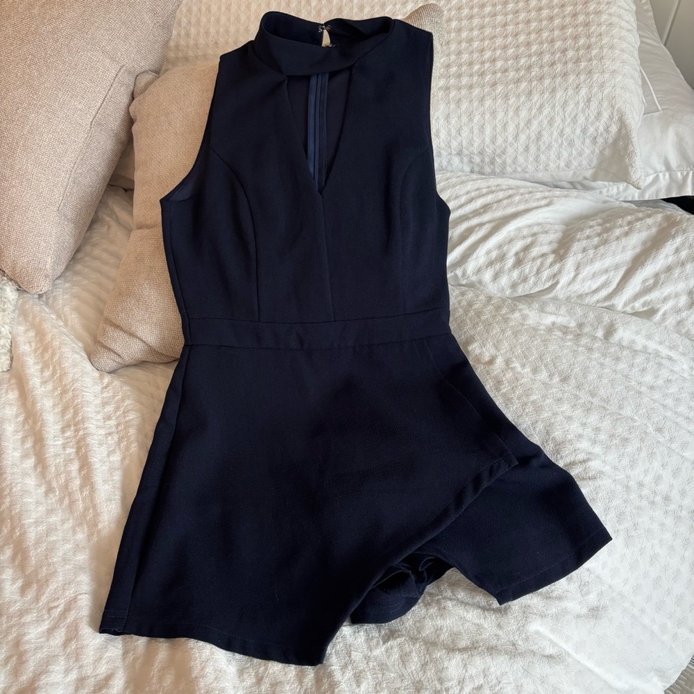Navy Sleeveless Skort Romper – Sexy High Neck V-Cut Short Fancy